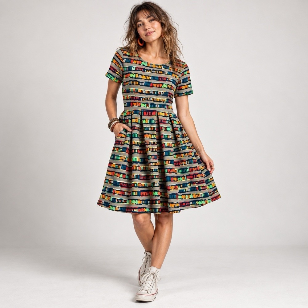 LuLaRoe Amelia Dress L Gray Multicolor Geometric Fit Flare Pleated Pockets Retro - Picture 7 of 13